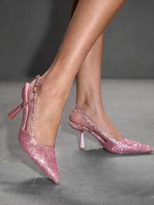 CUCCOO SZL 女士时尚水钻装饰后跟带高跟鞋，圣诞节必备 - 粉色格利特 - 查看 7