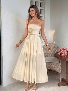 Lucivie Women's Pale Yellow Embroidered Strapless Long Dress,Elegant White Floral Summer Holiday Vacation,Party Wedding Guest Beach Casual Evening Gown - Apricot - View 4