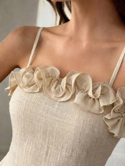 Easowa Summer Casual & Commute Solid Color Ruffle Strap Dress Summer Outfits Prom Dress Wedding Guest Dresses Dress For Wedding Guest Birthday Outfits For Women Summer Dresses Vacation Dresses Beige Spaghetti Strap Long Elegant Dress