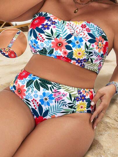 Swim Vcay 2026 New Arrival Plus Size Women 2-Piece Ditsy Floral Sexy Adjustable Strap Cropped Top And High Waist Bikini Bottom Swimwear Set, Casual Vacation Daily Wear