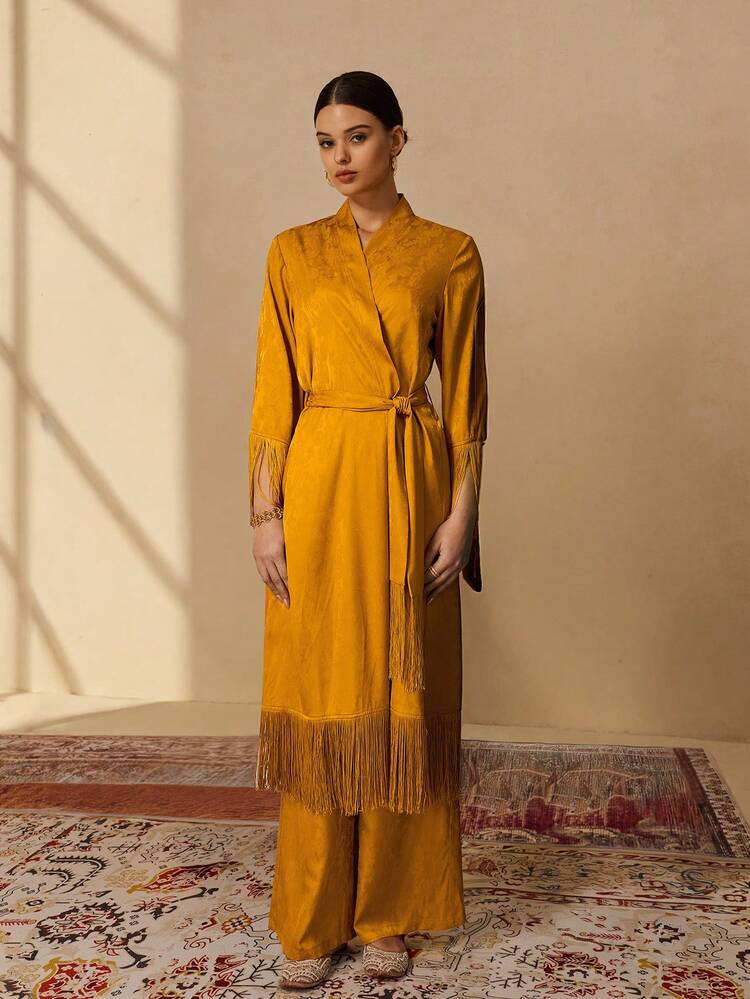 Loose-Fit Midi Robe With Fringe Details
