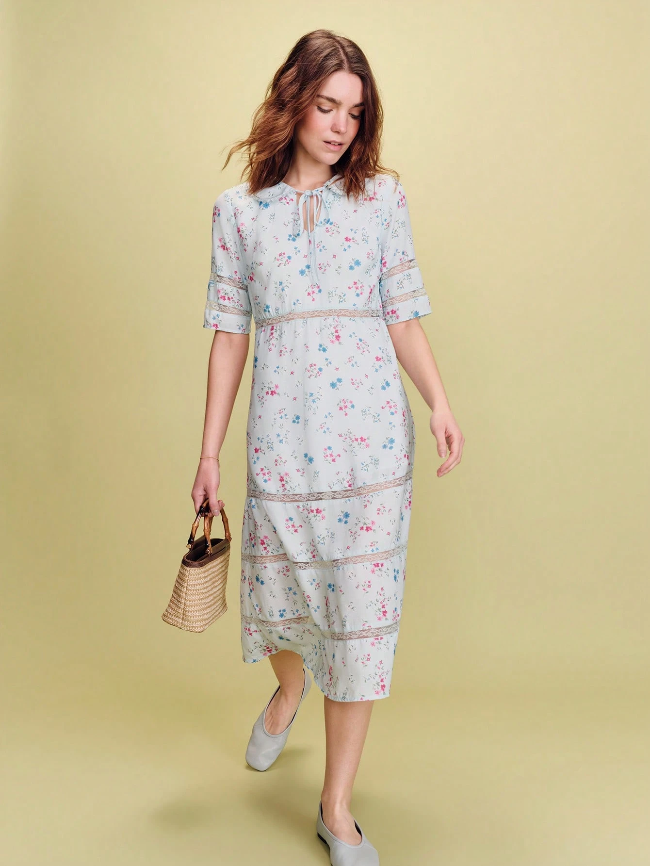 Sky Blue Fitted Midi Dress With Floral Print And Lace Details, Spring-Summer Style Spring Summer French Style Parisian Style Holiday Dress Vacation Dress Wedding Guest Dress