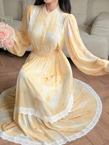 DAZY Women's Tie-Dye Fabric Mandarin Collar Lace Patchwork Shirt And Long Skirt 2-Piece Vacation Set - Light Yellow - View 2