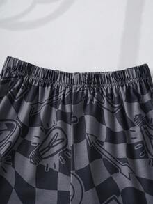 MONOPOLY X SHEIN Set tricou și pantaloni scurți cu mânecă scurtă, în carouri și imprimeu de desene animate, pentru băieți preadolescenti - Gri - Vizualizare 7