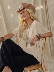 Wildy Casual American Western Country Solid Color Vintage Rivet Women's Basic Loose Asymmetrical Hem Short Sleeve T-Shirt, Suitable For Spring/Summer Everyday Wear, Commuting Beach Outfit For Women Conservative Top Blouse For Women Casual Modern Boho Tops For Women Poncho Top Boho Chic Women's Clothing,Summer Top - Apricot - View 8