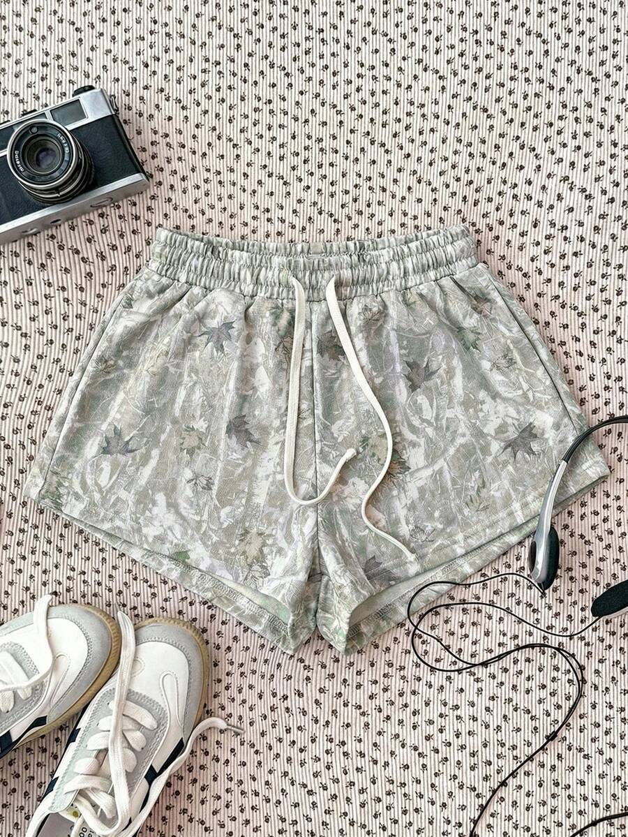 SHEIN Tween Girls' Knit Camouflage Print Drawstring Waist Casual Shorts - Multicolor - View 1