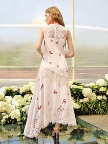 MOTF PREMIUM WOMEN'S ELEGANT LACE PATCHWORK DESIGN LONG DRESS, SPRING/SUMMER GRADUATION GUEST BLUSH PINK - Pink - View 4