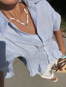 SHEIN EZwear Summer Blue Striped Fitted Woven Shirt For Women - White - View 7