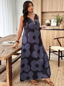 Weeklong Vestido sin mangas con cuello en V, decorado con botones, con estampado gris-azul - Negro - Ver 5