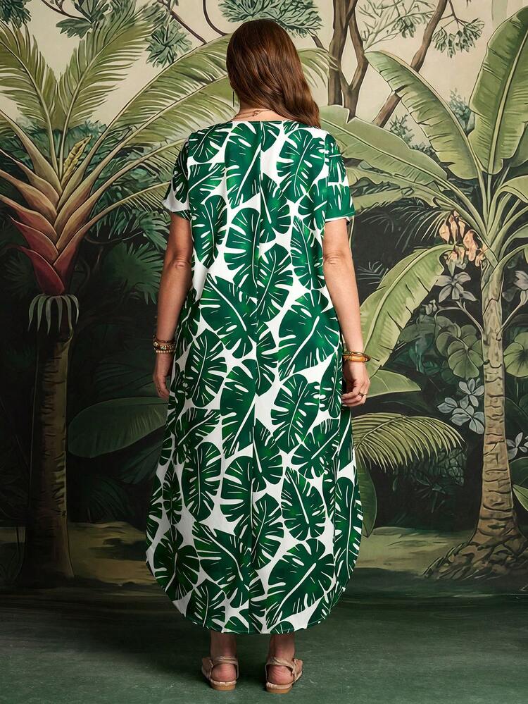 Plus Size Women V-Neck Leaf Print Fashionable Chic Party Dress Summer Outfits Beach Vacation Outfits For Women Floral Dress BOHO Clothes Women's Summer Dresses Palm Dress Women's Summer Outfits Summer Outfits For Women Beach Outfit For Women Casual Vacation Outfits Women Country Concert Outfit Peplum