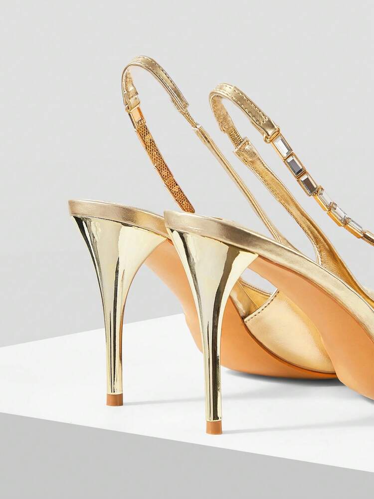 POINT TOE RHINESTONE DETAIL SLINGBACKS PUMPS SPRING SHOES