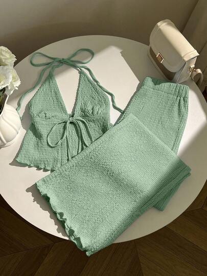 Elamini Conjunto de top halter plisado y pantalones de pierna ancha de tela texturizada de unicolor