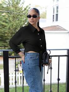 Melissa Matos 优雅法式领长袖系带开衫衬衫，白色，女款 - 黑色 - 查看 5