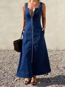 DAZY Women's Casual Sleeveless Front Zipper Long Denim Dress, Summer - Dark Wash - View 2