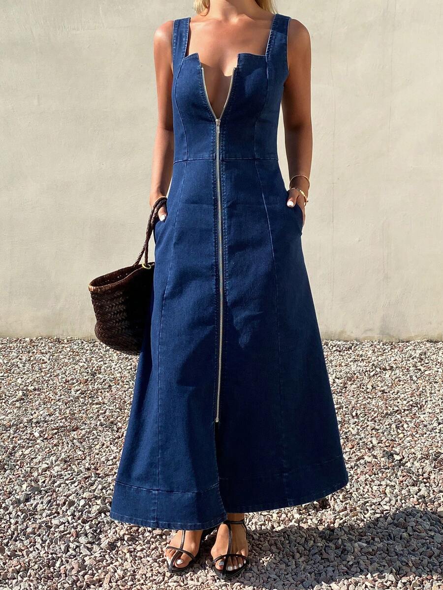 DAZY Women's Casual Sleeveless Front Zipper Long Denim Dress, Summer - Dark Wash - View 1