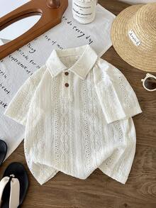 LMoss Kids 1pc Young BoyPolo Shirt With Collar, Short Sleeve, Jacquard Hollow Design - White - View 1