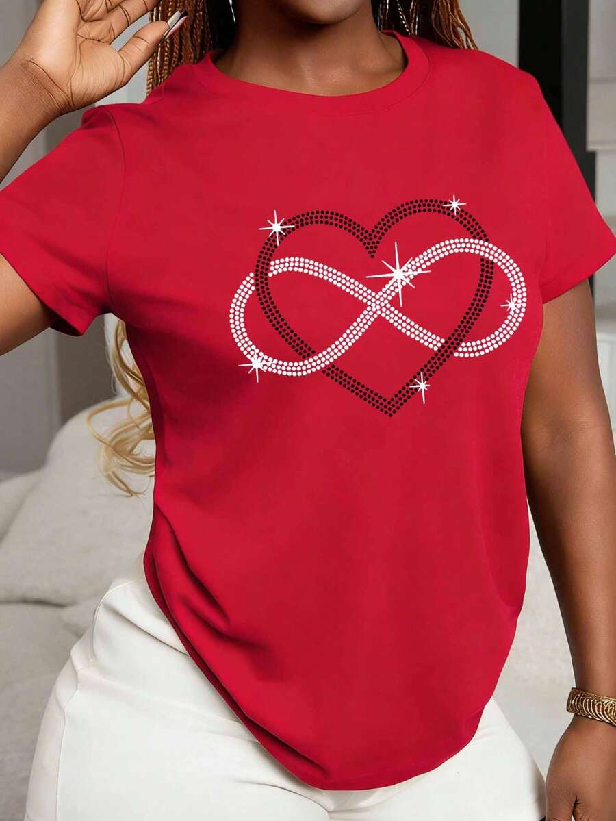 SHEIN Camiseta casual de manga corta con escote redondo, estampado de corazón de rhinestone para mujer, Tops gráficos de verano para mujeres - Rojo - Ver 1