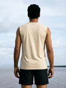 Manfinity Homme 男士休闲太阳印花无袖背心，夏季 - 卡其色 - 查看 2