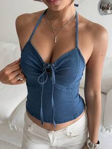 DAZY Áo croptop denim không tay, kiểu dáng casual, buộc dây sau lưng, cổ yếm, dành cho nữ, thích hợp cho mùa hè. - Rửa tối - Xem 1