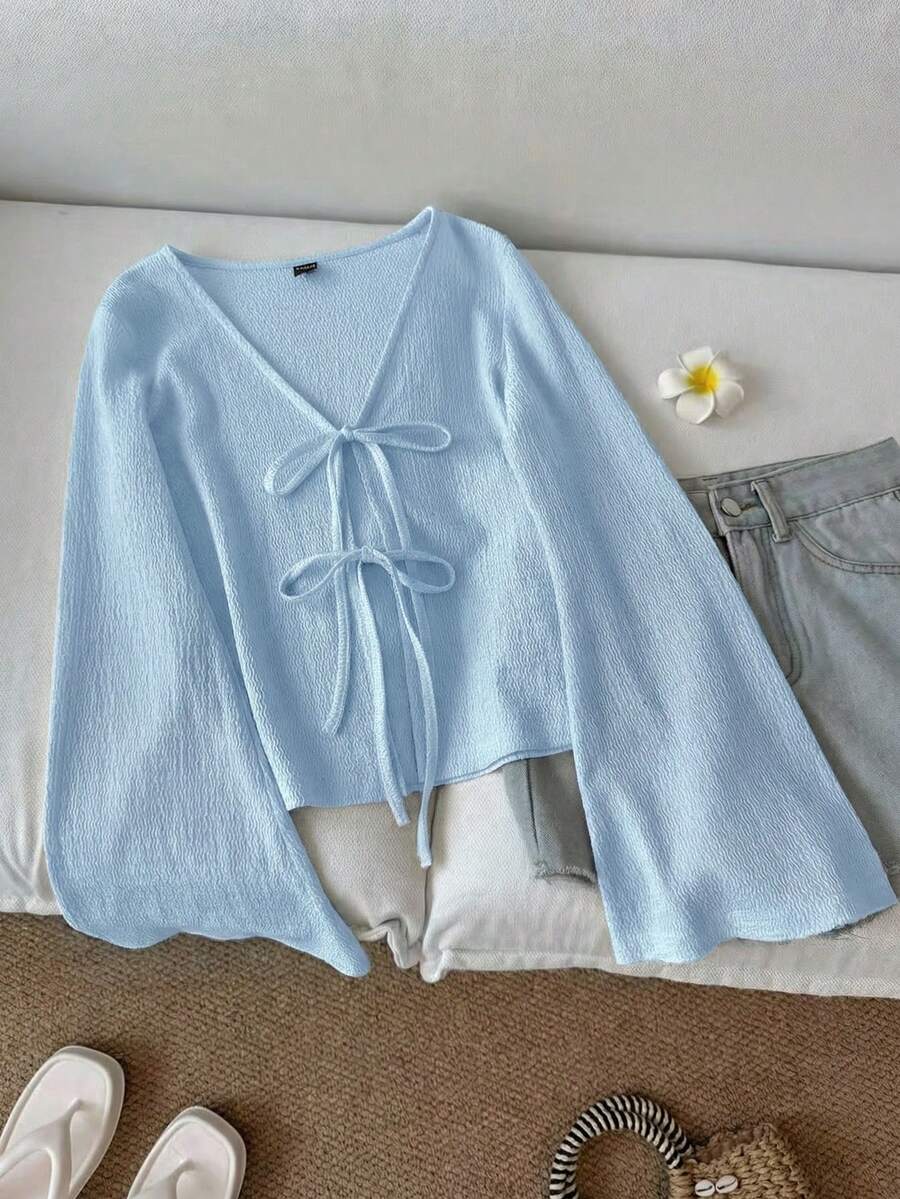 SHEIN LUNE Women's Casual Tie Cuff Flare Sleeve Top Baby Blue Tops Baby Blue Top Women Light Blue Top Blue Top Light Blue Blouse - Baby Blue - View 1