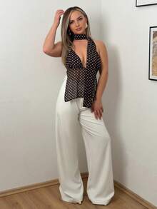 Jeta Ari Women's Polka Dot Print Sexy Lace Up Camisole Graphic Tees Women Tops - Coffee Brown - View 5