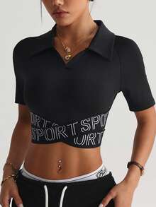 Dewbera 女士运动Polo衫，短袖，弹性下摆，交叉Polo领，修身剪裁，适合日常休闲穿着、跑步、瑜伽、健身、网球、高尔夫、春夏穿着。 - 黑色 - 查看 5