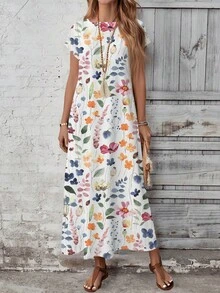 EMERY ROSE 休闲女式碎花波西米亚风长连衣裙，多色随机印花，圆领，短袖，休闲优雅大码女式连衣裙。 - 彩色 - 查看 3