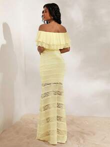 Opulessa Knitted Lace Off-Shoulder Fitted Mermaid Dress For Women - Light Yellow - View 2
