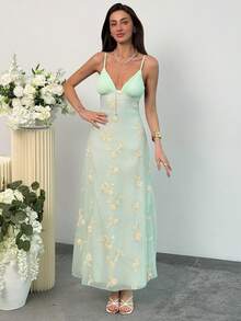 Aloruh 女士性感优雅深V褶皱胸部刺绣修身腰部浪漫刺绣连衣裙 - 綠色 - 查看 5