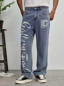 GALLERY FADE Men's Hip Hop Street Fashion Letter Print Washed Straight Leg Wide Jeans - Light Wash - View 4