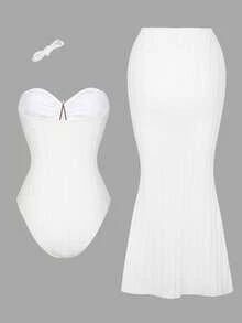 Swim Oasis Solid Color One-Piece Swimsuit, Paired With Starfish Accessories And Beach Dress, Spring/Summer - White - View 2