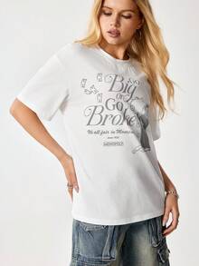 MONOPOLY X SHEIN 女士休闲宽松标语卡通印花圆领短袖T恤 - 白色 - 查看 6