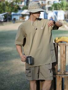 DAZY Men's Letter Print Short Sleeve Khaki T-Shirt, Summer - Khaki - View 3