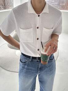 DAZY Men's White Cardigan Short Sleeve Knit Top, Spring/Summer - White - View 7