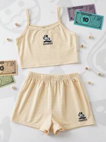 MONOPOLY X SHEIN 少女条纹圆领卡通字母印花吊带背心和松紧腰短裤休闲睡衣套装 - 黃色 - 查看 1