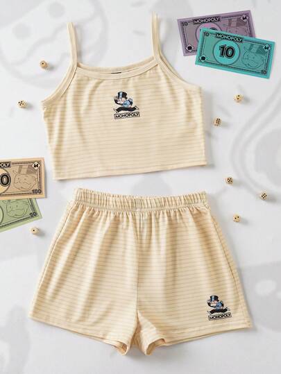 MONOPOLY X SHEIN 少女条纹圆领卡通字母印花吊带背心和松紧腰短裤休闲睡衣套装