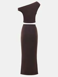SHEIN Teen Girl Deep Brown Asymmetric Shoulder Fitted Maxi Dress,Golden Starfish Decor Ruched Stretchy Soft Elegant Summer,Vacation,Holiday Dress - Coffee Brown - View 2