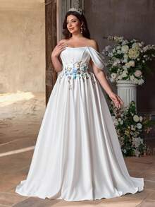 Aureia Plus Size Elegant White Spring Wedding Dress U-Neck Off-Shoulder Hanging Sleeve Fishbone Decor Luxury Sequins Splice High Slit A-Line Bridal - White - View 7
