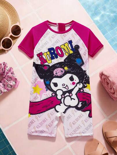 HELLO KITTY AND FRIENDS | SHEIN 女童卡通图案撞色圆领连体泳衣