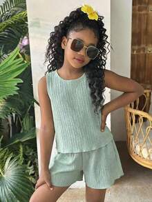 2pcs Tween Girls Casual Round Neck Textured Fabric Bow Back Tank Top And Shorts Set - Mint Green - View 4