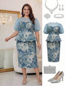 Ellevyn 大码优雅蓝金提花拼接网纱刺绣两件套 - 藍色 - 查看 2