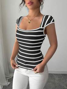 Franclia French Minimalist Fitted Striped Knit Short Sleeve T-Shirt, Unique Design, Versatile, Spring/Summer New Arrival - Black - View 6