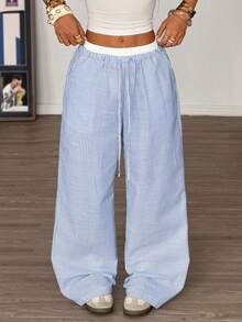 Muchica 女士藍色條紋織物寬褲，寬鬆版型休閒長褲 - 藍白色 - 查看 1