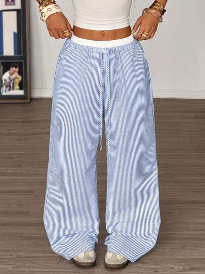 Muchica Women's Casual Blue Striped Woven Wide Leg Pants With Loose Fit