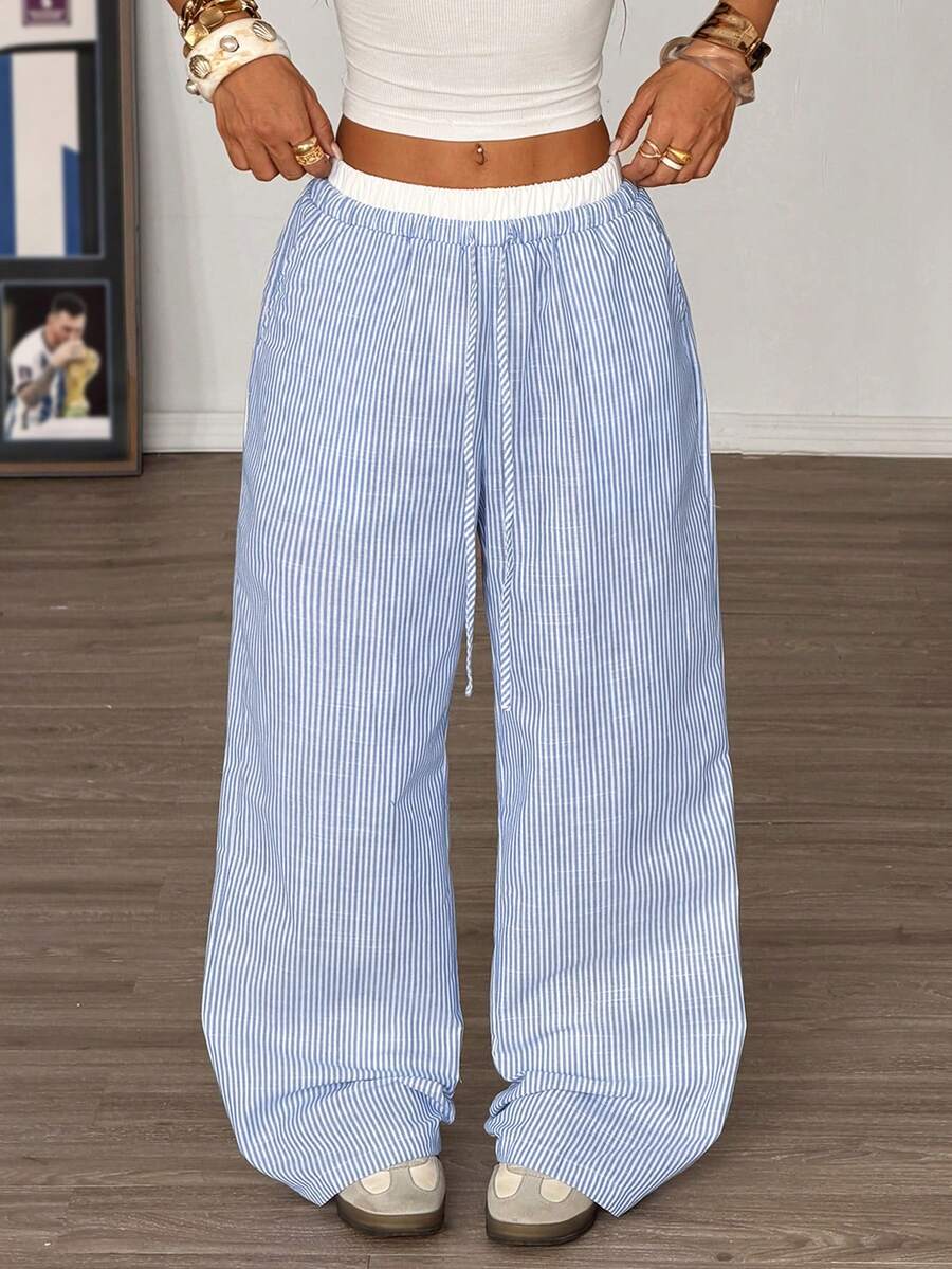 Muchica 女士藍色條紋織物寬褲，寬鬆版型休閒長褲 - 藍白色 - 查看 1