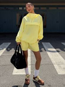 Muchica Light Yellow Woven Women's Hooded Half-Zip Long Sleeve Top And Shorts Casual Suit Yellow Outfit Women Yellow 2 Piece Set - Light Yellow - View 5