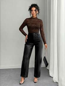 Rafferiza 女士优雅蕾丝透视性感T恤 - 咖啡棕 - 查看 5