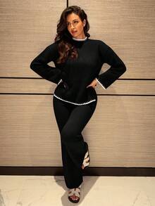 MDEdit 2 件套女士撞色立领毛衣和裤子套装，休闲 - 黑與白 - 查看 1