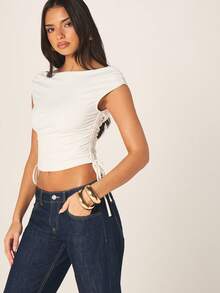 MISSGUIDED Damen Boot-Ausschnitt Geraffter Seitenbindung Drapierte Rückseite Kurze Ärmel Crop Top Sommer Mode Lässige Weiße Bluse - Weiss - Übersicht 4