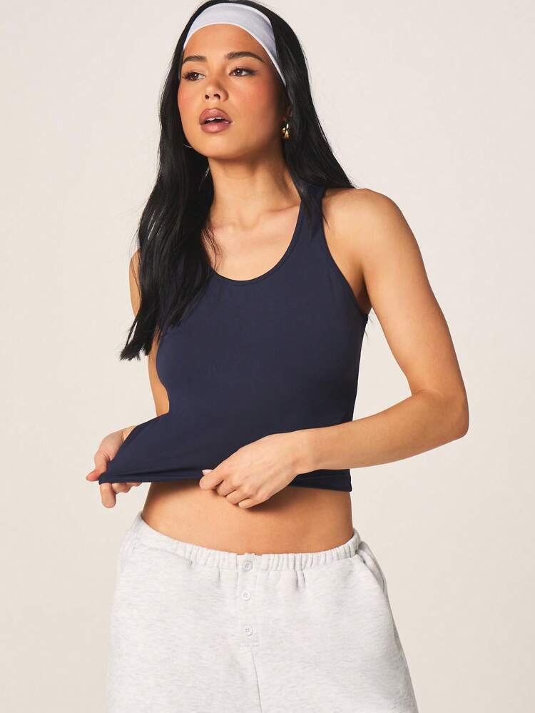 MISSGUIDED Navy Blue Scoop Neck Sleeveless Tank Top Racerback Style Casual Fitted Summer Everyday Basic Vest Women
